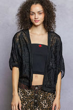 POL open front crochet cardigan with intricate floral embroidery and red rose brooch