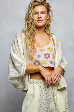 POL Open crochet cardigan with colorful floral embroidery
