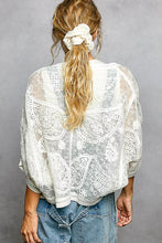 POL open front crochet cardigan with floral embroidery, lace overlay top