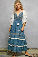 Blue POL crochet cardigan with floral embroidery over denim maxi dress