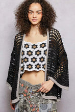 Pol Open openwork cardigan with black and white floral contrast trim