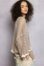 Pol open openwork cardigan with contrast trim, beige loose knit cuffs