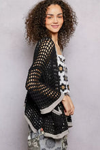 Pol open openwork cardigan with black mesh and gray contrast trim