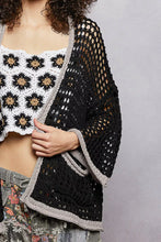 Pol Open openwork cardigan with contrast trim, black and gray crochet back