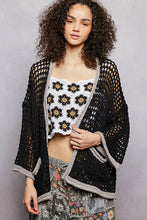 Pol open openwork cardigan with contrast trim, black crochet and floral top