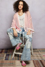 Pol open openwork cardigan with pink loose open-knit and contrast trim