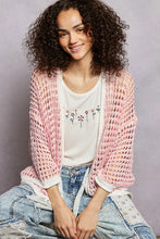 Pol open openwork cardigan with pink open-knit and contrast trim