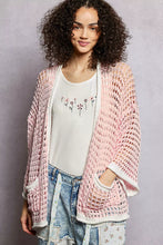 Pol open front openwork cardigan with pink knit and white contrast trim