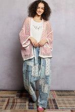 Pol open front openwork cardigan with pink crochet and contrast trim