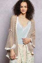Pol open openwork cardigan with contrast trim, beige crochet bell sleeves