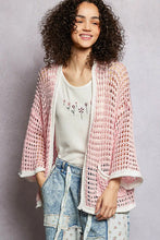 Pol open openwork cardigan with pink open-knit design and contrast trim