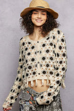 Pol openwork floral crochet cardigan with cream color, black patterns, fringe hem