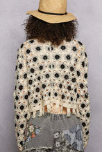Cream-colored POL openwork floral crochet cardigan with black patterns and fringe