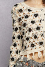 Pol openwork floral crochet cardigan with cream black floral patterns fringe