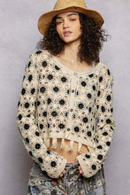 Pol openwork floral crochet cardigan with tassel hem, cream with black patterns