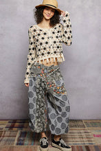 POL openwork floral crochet cardigan with patchwork pants