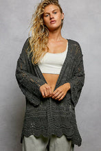 POL openwork lightweight relaxed fit sweater cardigan, dark gray open-front with scalloped hem