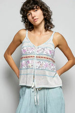 Pol printed contrast light blue and white embroidered knit tank top with blanket stitch floral patterns and button-front closure