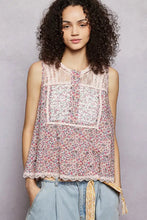 Pol printed woven soft pink floral sleeveless top with lace trim and button detailing for elegant wear