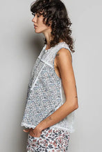 Pol printed woven sleeveless top with lace trim featuring a delicate white base and subtle blue gray floral pattern
