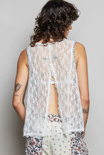 White lace sleeveless top with back cutout and delicate floral pattern featuring pol printed woven lace trim detail