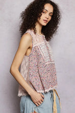 Pol printed woven sleeveless top with delicate pink floral patchwork lace trim and scalloped hem