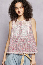 Pol printed woven soft pink sleeveless top with floral print lace trim and buttoned front panel