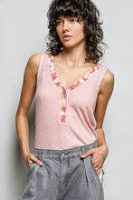 Pink ribbed knit sleeveless top featuring contrast floral neckband and button details from POL ribbed v-neck tank collection