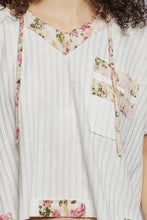 White striped cotton pol short sleeve hooded top with back-open detail and floral patchwork in pink and green hues