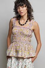 Pink floral print pol smocked printed square neck peplum tank with ruffle trim and gathered waistband for women
