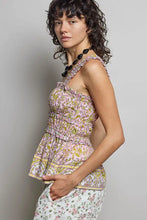 Pink pol smocked printed square neck peplum tank with ruffle trim featuring halter top and tiered hem design