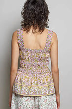 Pol smocked printed square neck peplum tank in pink and yellow floral print with ruffle trim and smocked bodice
