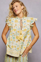 Pol tassel tied off-white blouse with yellow and green floral print and tied floral flutter ruffled sleeves with tassels