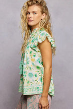 Pol tassel tied floral flutter sleeve blouse featuring green and white print with ruffled sleeves and tassel details