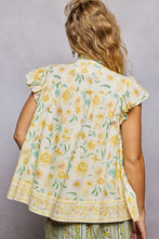 Pol tassel tied floral flutter sleeve blouse in soft off-white with yellow green floral pattern and ruffled short sleeves