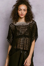 Black sheer mesh short sleeve top with fringed textured neckline and raw hem pol texture raw design