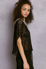 Black lace mesh pol texture raw hem top with delicate silver beaded collar and fringed hem short sleeves