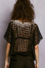 Black sheer mesh raw hem top with cream fringed lace collar featuring pol texture raw short sleeves