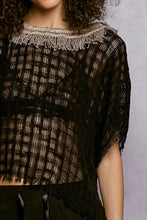 Black knitted pol texture raw hem short sleeve top with textured open-weave pattern and fringed neckline in neutral tone