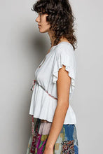 White short sleeve blouse with ruffled sleeves lace detail and tie belt for elegant casual wear