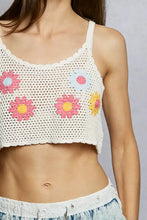 White crocheted cropped crochet cami with pink yellow and blue floral embroidery detail u-neck design