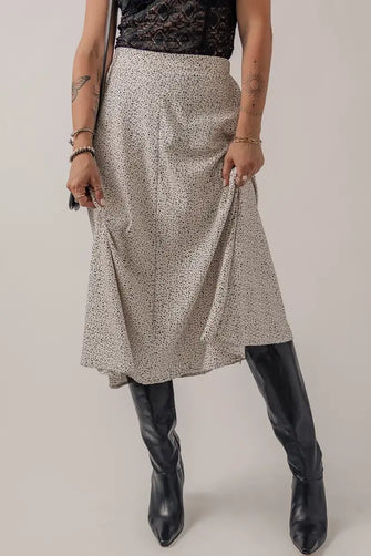 Polka Dot Midi Skirt with Black Leather Boots Heather Gray Woman Skirts