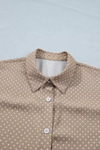 Beige polka dot print short sleeve button up shirt with white buttons and a classic collar for casual wear