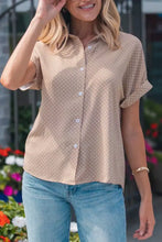 Beige short sleeve button up blouse with white polka dots featuring a lightweight fabric perfect for casual wear