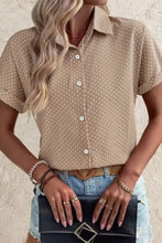 Beige short sleeve button up shirt with white polka dots for casual wear in lightweight fabric