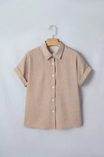 Beige short sleeve button-up shirt with white polka dots featuring a lightweight breathable fabric design