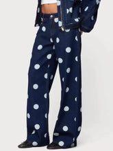 Navy blue denim polka dot wide leg jeans featuring white dots on cotton fabric for stylish casual wear