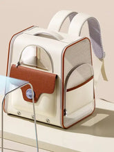 Portable breathable pet carrier backpack with cream color, leather accents, mesh panels, front flap