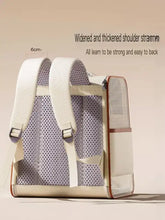 Cream-colored pet carrier backpack with mesh sides and reinforced straps
