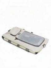 Portable breathable pet carrier bag in beige with gray mesh panel